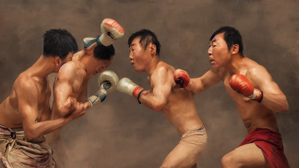 Image similar to asian person fighting a turkish person, cinematic, 4 k, oil painting