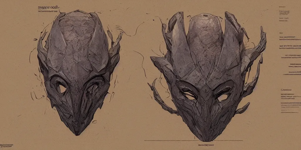 Prompt: wooden cursed mask design, character sheet, Moebius, Greg Rutkowski, Zabrocki, Karlkka, Jayison Devadas, Phuoc Quan, trending on Artstation, 8K, ultra wide angle, zenith view, pincushion lens effect