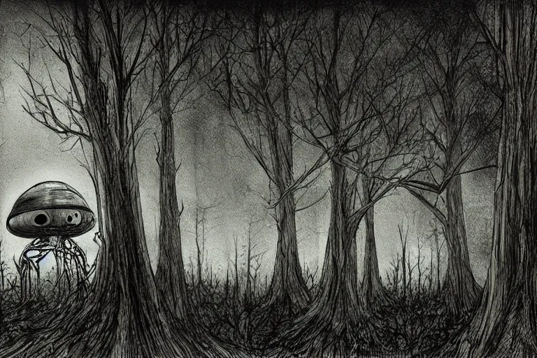 Image similar to UFO landing in a haunted the dark forest artwork by ben templesmith