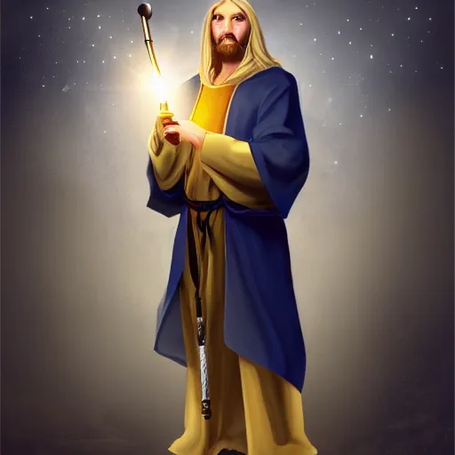Prompt: A young well kept shaved wizard with a blonde ponytail in a navy blue robe with gold accents, he holds a staff of light with a bright crystal, medieval fantasy, digital art, trending on artstation