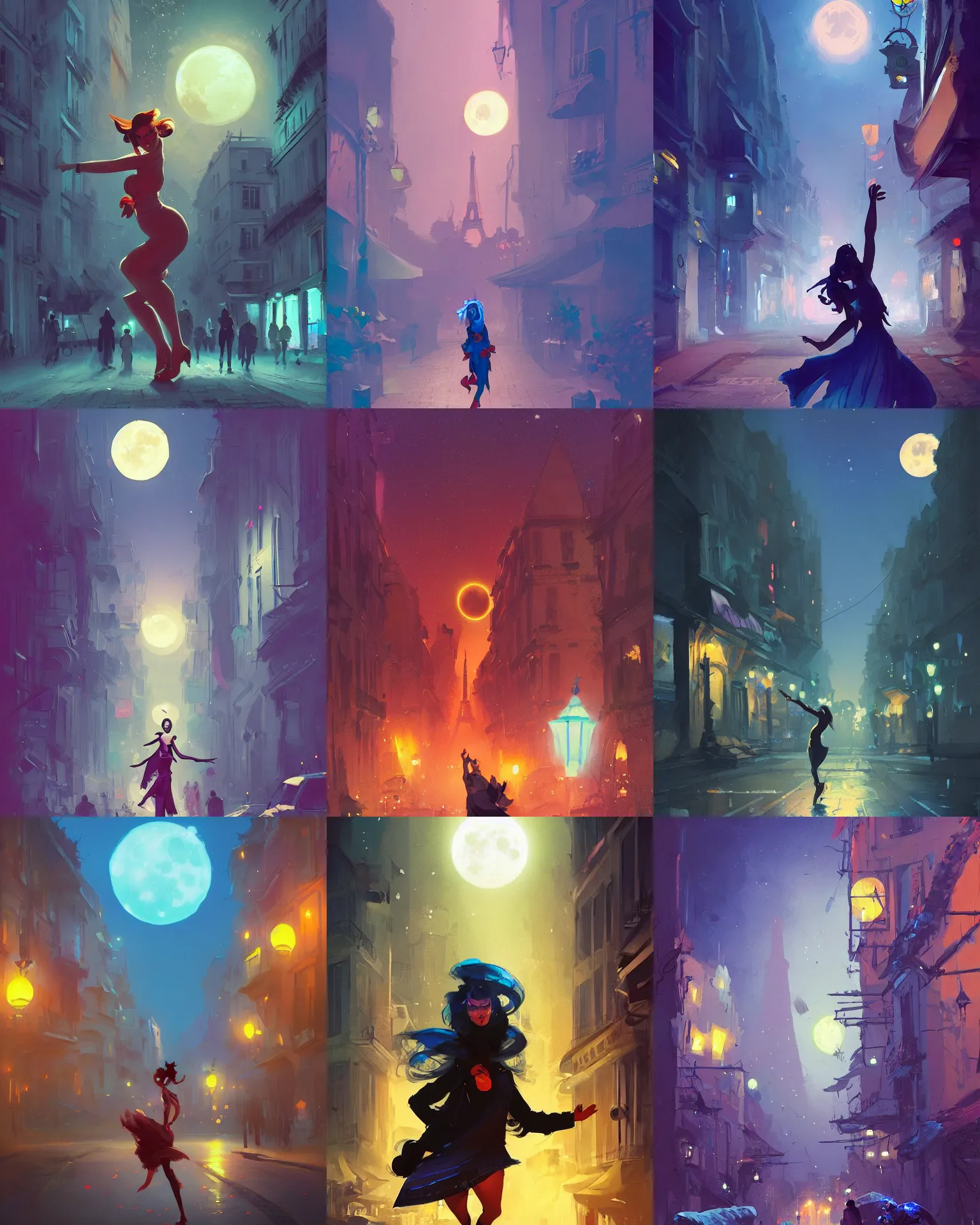 Prompt: portrait of a person passionately dancing in a street in paris at night, blue moonlight, giant moon, by Artgem and Anton Fadeev and greg rutkowski, concept art, romantic, trending on artstation
