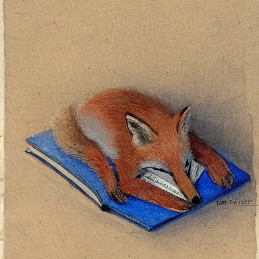 Image similar to a fox sleeping on a pile of books, watercolors from 1 9 2 0