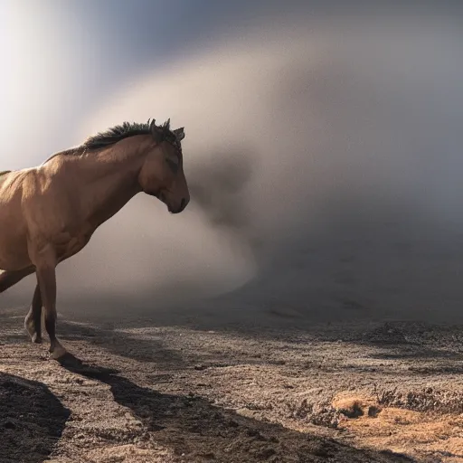 Prompt: stampeding muscular horse emerging out of pyroclastic flow with mist and sun rays. wide angle lens. 4 k