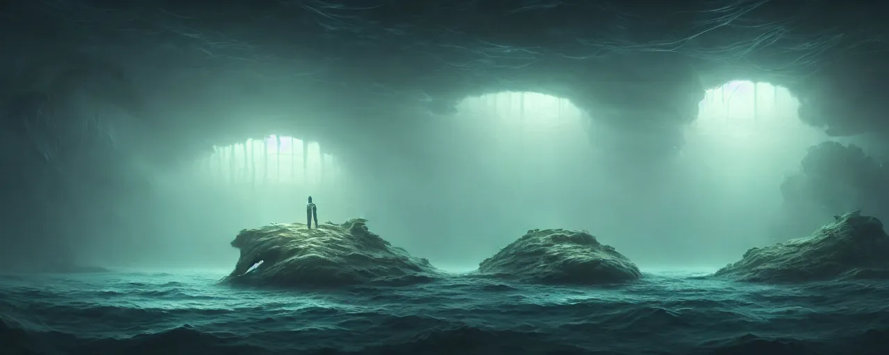 Image similar to ultra realistic muted colors horror photo of a dimly lit alien underwater landscape, very intricate details, focus, full frame image, high contrast, cgi render, artwork by tooth wu and wlop and beeple and greg rutkowski, award winning