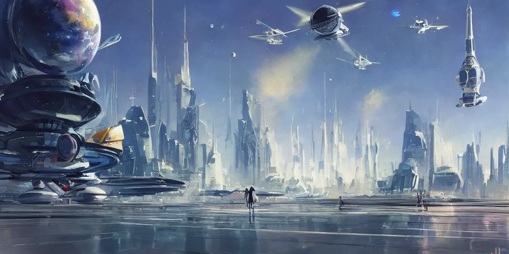 Image similar to gorgeous sci fi imagery | landing spot | space and city flying craft | futuristic | beautiful couple in the foreground heading to their hovering transport | futurism | modern couple | futuristic cityscape in the background | medium angle | by john berkey, greg rutkowski, james gurney