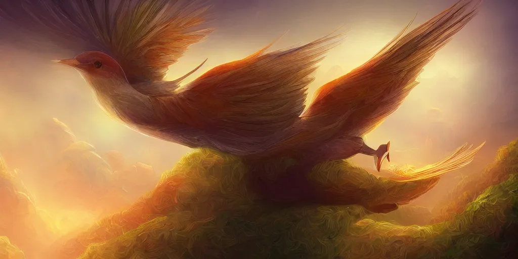 Image similar to baby bird, sunrise, pot of gold, rainbow, sci-fi, fantasy, intricate, very very beautiful, elegant, highly detailed, digital painting, artstation, concept art, smooth, sharp focus, illustration