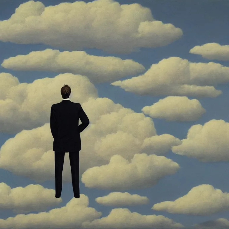 Image similar to portrait of a faceless shadow - head man with messy long hair in a suit, clouds in the background, by rene magritte, detailed painting, distance, middle centered, hd, hq, high resolution, high detail, 4 k, 8 k