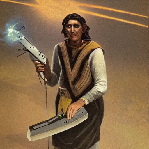 Image similar to photograph of a neolithic person holding a plasma rifle