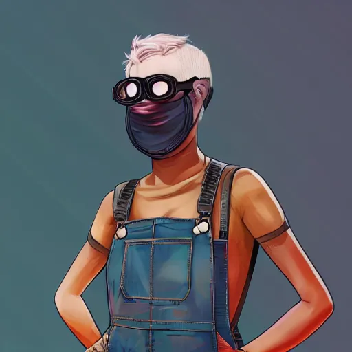 Prompt: a grungy woman with short white shaved hair, soft eyes and narrow chin, dainty figure, torn overalls, short shorts, combat boots, rainbow colored dust mask, goggles, basic white background, side boob, symmetrical, single person, style of by jordan grimmer and greg rutkowski, crisp lines and color,