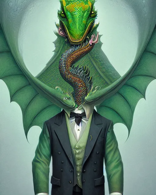 Image similar to anthropomorphic art of a businessman dragon, green dragon, portrait, victorian inspired clothing by artgerm, victo ngai, ryohei hase, artstation. fractal papers and books. highly detailed digital painting, smooth, global illumination, fantasy art by greg rutkowsky, karl spitzweg