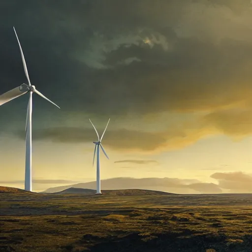 Image similar to painting of a humongous wind-turbine in the distance, by Greg Rutkowski, iceland landscape, golden hour, dramatic lighting, epic, gargantuan, intricate detail, 4k, 8k