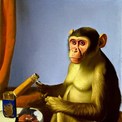 Image similar to Monkey smoking!!!!!!!! a Cuban cigar, oil on canvas, by Johannes Vermeer
