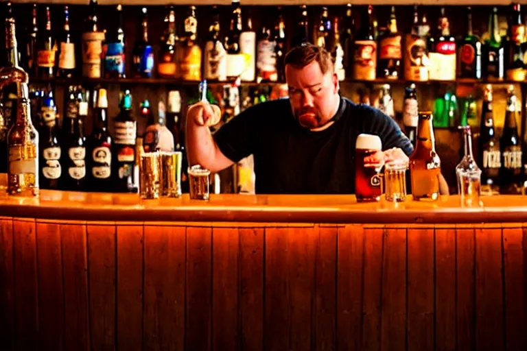 Image similar to a drunken bottle of beer stands a bar yelling at the bar tender, pixar