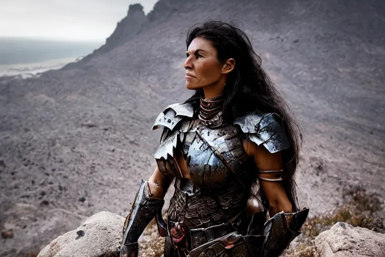 Prompt: portrait of beautiful armored orc woman, rocky terrain by Emmanuel Lubezki