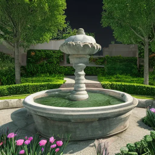 Prompt: A beautiful and serene garden, with a bubbling fountain in the center, and a variety of flowers and plants all around, rendered in unreal engine, 4k resolution, Bloom effect, photorealistic, professional grade, professional photo.