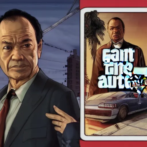 Prompt: Francis Fukuyama in GTA V, Cover art by Stephen Bliss, Boxart, loading screen