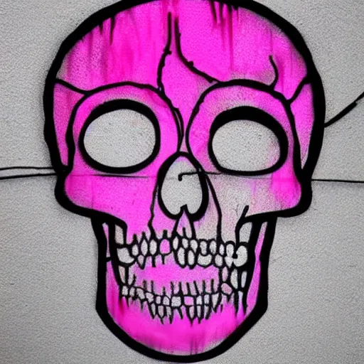 Image similar to a 3 d wireframe pink cartoon skull spray painted on a black background with dripping pink spray paint, three fourths view, graffiti, black background!!!!!
