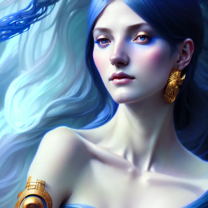 Prompt: beautiful digital painting of a goddes stylish female with high detail, real life skin, blue colors, 8 k, stunning detail, works by artgerm, greg rutkowski and alphonse mucha, unreal engine 5, 4 k uhd