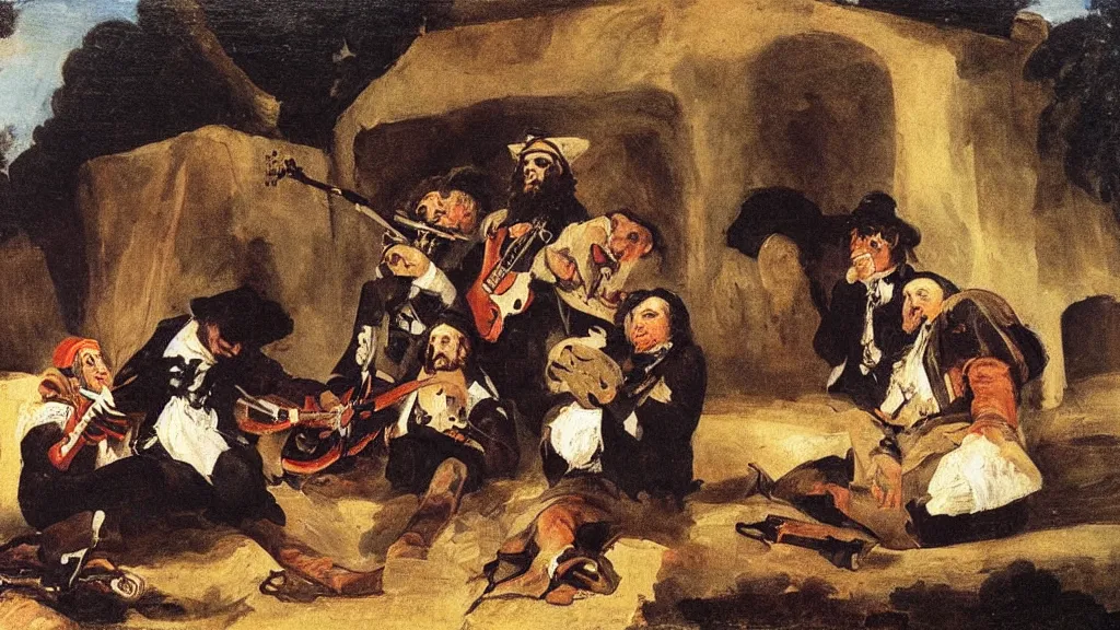 Prompt: Band members of The Grateful Dead in a Spanish village, painted by Francisco de Goya, oil painting