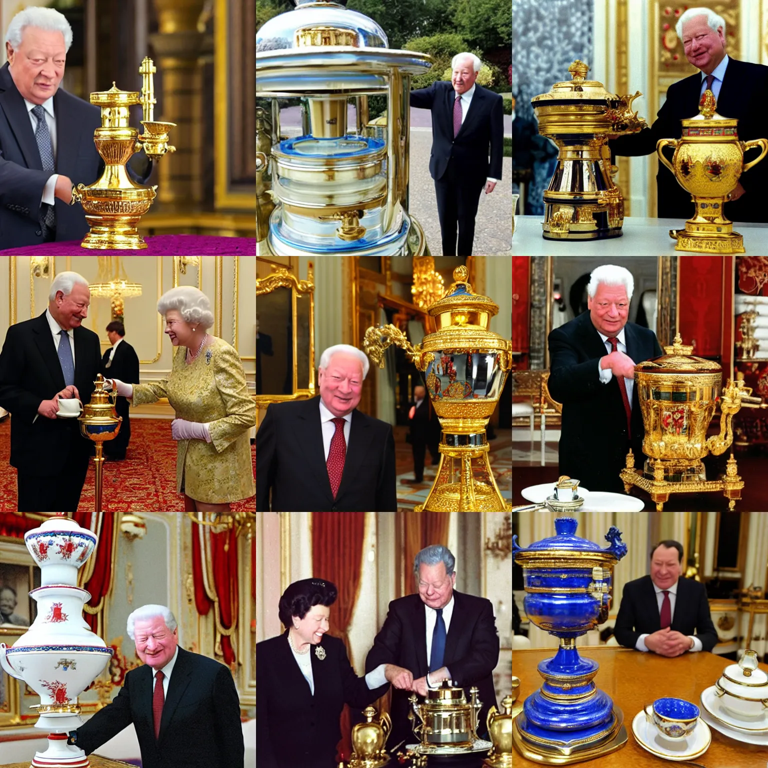 Prompt: Yeltsin sells a samovar to the Queen of Britain