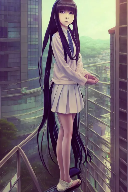 Image similar to beautiful full body portrait of a lone anime female with long flowing hair, wearing Japanese school uniform, standing on a balcony overlooking downtown Tokyo, D&D, fantasy, intricate, elegant, highly detailed, digital painting, artstation, concept art, smooth, sharp focus, illustration, art by ilya kuvshinov and WLOP and Ruan Jia and Krenz Cushart and greg rutkowski and alphonse mucha