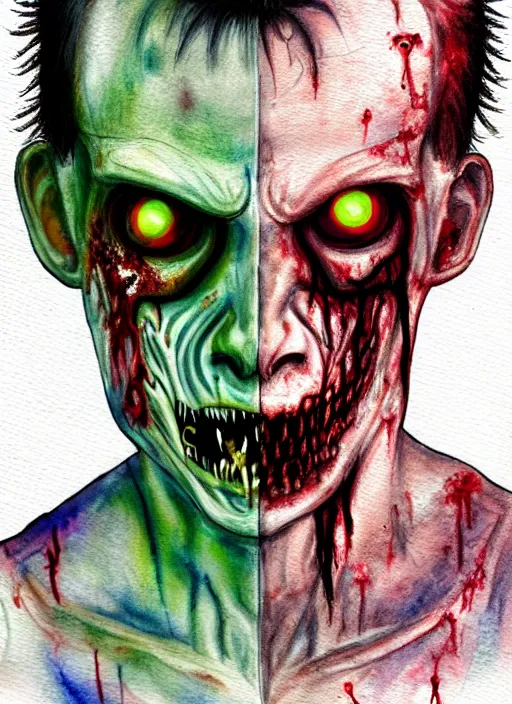 Image similar to zombie hollywood professional acting headshot, hyperrealism, intricate detailed, studio lighting, charming expression gesicht, watercolor art, drawn and painted, colored layers, dulled contrast