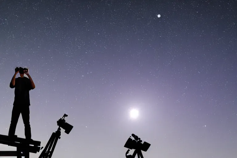 Prompt: an astronomy teacher looking up on a telescope, moon, clear skies, starry skies