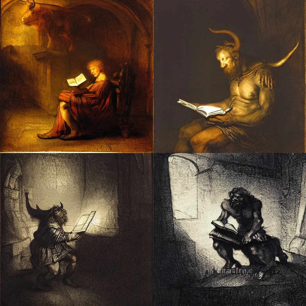 Prompt: minotaur reading a book of magic in fantasy castle by rembrandt, blue backlight