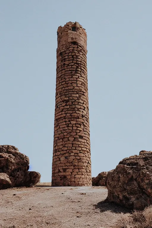 Image similar to an old roman lighthouse in the middle of the desert sitting on a rock