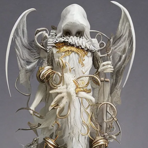 Image similar to angelarium, illithid, cthulhu, white with gold accents, sculpture by ellen jewett