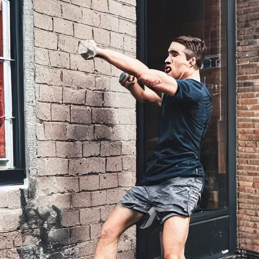 Prompt: angry instagram influencer throwing a brick through someone's window