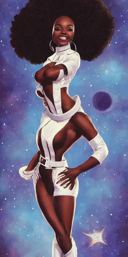 Image similar to full body shot of black woman in an astronaut suit with a celestial afro, pin-up style by Artgerm, realist, trending on artstation