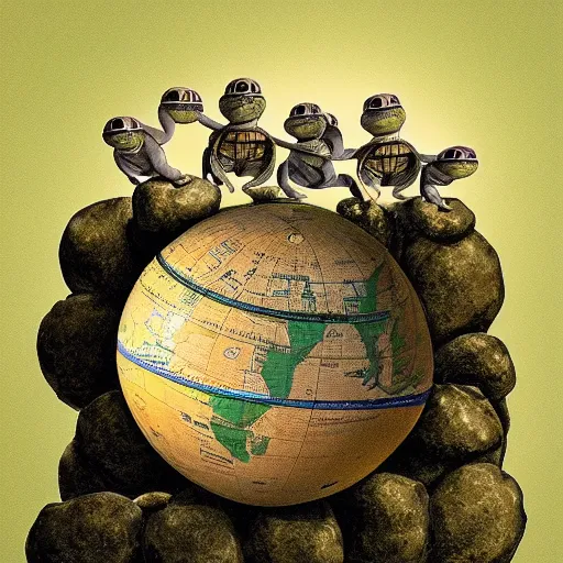 Image similar to a stack of turtles beneath a globe of the earth, earth globe on top