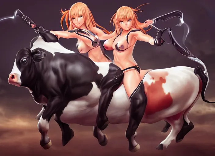 Image similar to Tina from Dead or Alive riding a cow, artwork by artgerm, 4K