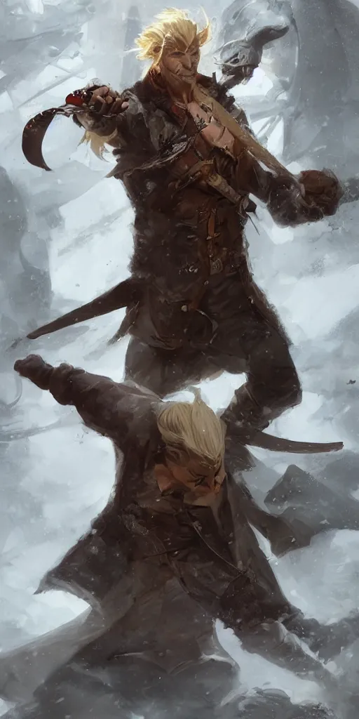 Image similar to portrait of a muscular, grim, ponytail haired blonde man in his late 30's, wearing a thick brown leather coat, looking to his side, holding a fiery dagger, hunter, DnD character, fantasy character, digital art by Ruan Jia, Krenz Cushart, Rossdraws and Boris Vallejo
