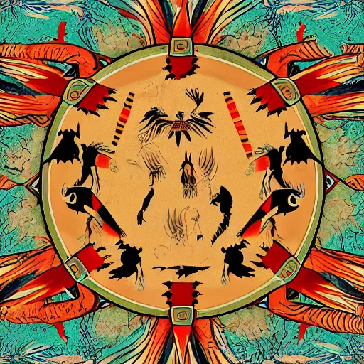 Image similar to Native american dancing around a fire with wolves, hd, intricate, 8k, digital art