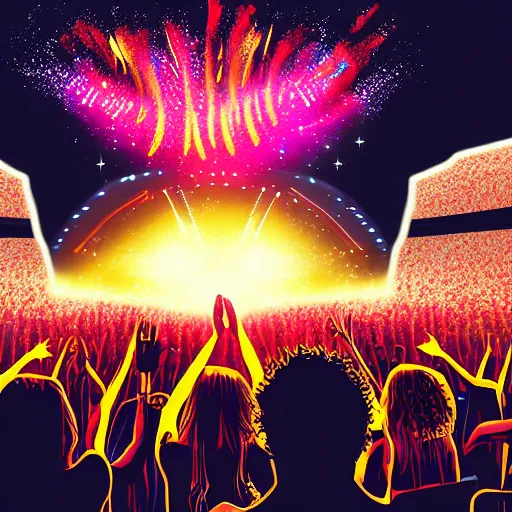 Prompt: illustration of a pop rock music group named'shiny souls'with two woman singers with blonde hair and one woman singer with brown curly hair singing in front of the crowd in a stadium, firework in background, aerial view, digital art