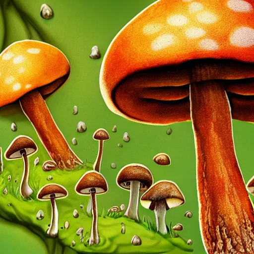 Image similar to macro photo with a singular mushroom character with cute eyes and mycelium, very close to real nature, natural colors and natural surroundings, painted patterns and coloring on mushrooms, 8K, highly detailed, cartoon