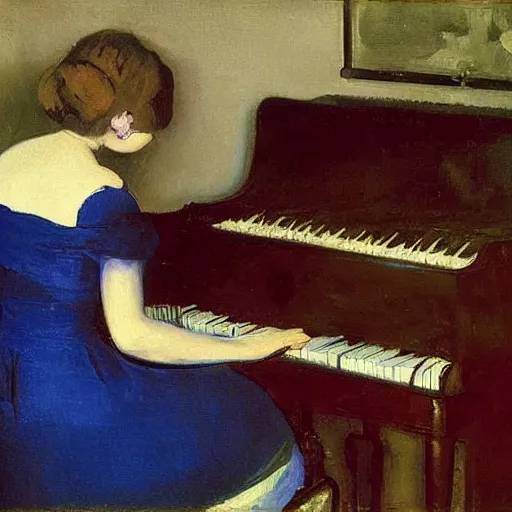 Prompt: woman in a blue dress playing the piano, by george bellows