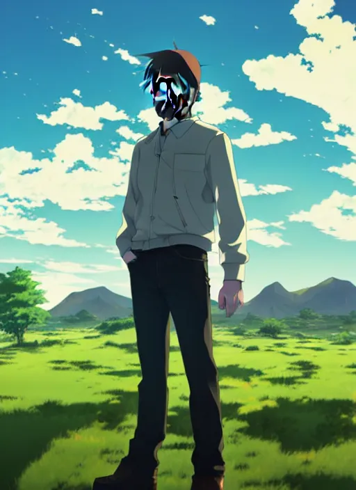 Prompt: walter white, anime style, countryside, calm, fantasy character portrait, dark outlines, dynamic pose, above view, sunny day, artwork by Makoto Shinkai, very coherent asymmetrical artwork, sharp edges, perfect face, simple form, 100mm