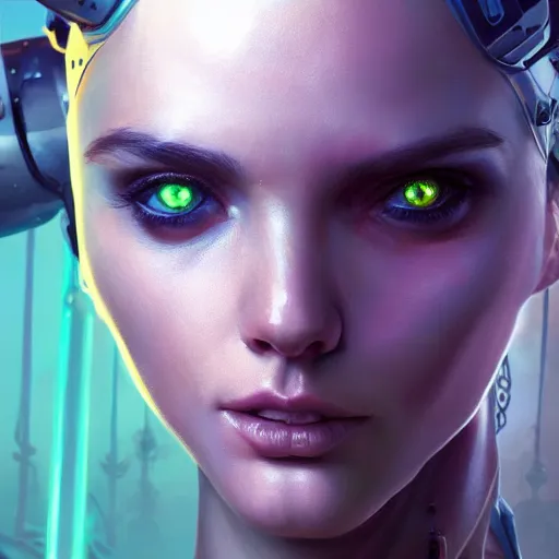 Image similar to highly detailed extreme closeup portrait of a cybernetic woman, in disney, stephen bliss, unreal engine, art by greg rutkowski, loish, rhads, ferdinand knab, makoto shinkai and lois van baarle, ilya kuvshinov, rossdraws, tom bagshaw, global illumination, radiant light, detailed and intricate environment