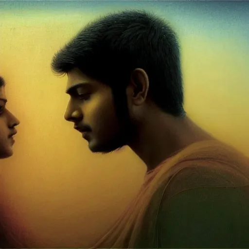 Image similar to perfectly - centered movie promotional poster - photograph of a young indian guy and a beautiful girl side profile faces symmetrical ; real life portrait by beksinski and jean delville, romantic theme, two lovers sharing one heart, unreal engine 5, photorealism, hd quality, 8 k resolution, cinema 4 d, hdr dramatic lighting ; symmetrical, cinematic, high coherence