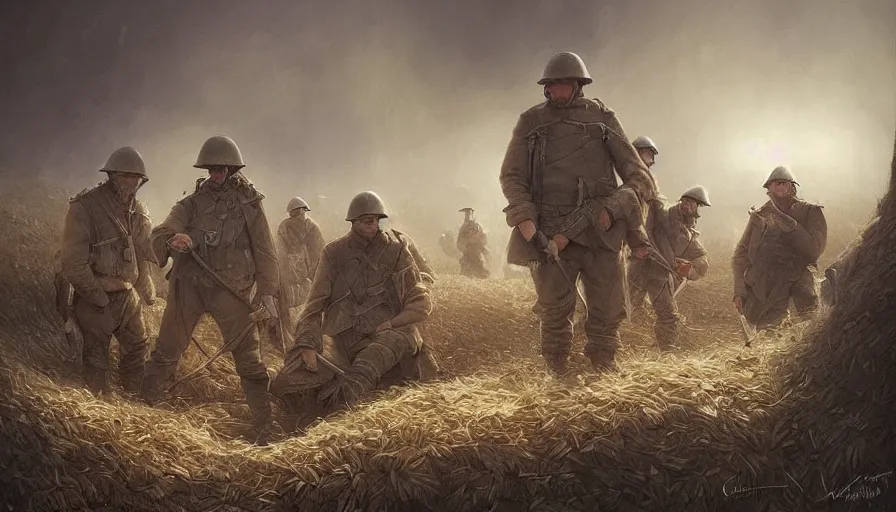 Prompt: beautiful digital painting of a group of barley surviving soldiers in a trench waiting for the war to end. cinematic lighting and rendering, atmospheric, concept art, high detailed faces, artstation by artgerm and greg rutkowski,,