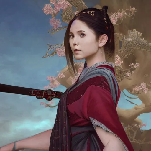 Image similar to a highly detailed portrait of buffy the vampire slayer as a medieval chinese prince, beautiful detail and color, art by john collier and albert aublet and krenz cushart and artem demura and alphonse mucha, volumetric lighting, octane render, 4 k resolution, matte, sharp focus, illustration, art by jacque - louis david, baroque style