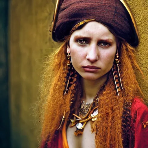 Image similar to Beautiful 16th Century Barbary Coast pirate Woman with Ginger hair and Golden hooped earrings photography by Steve McCurry