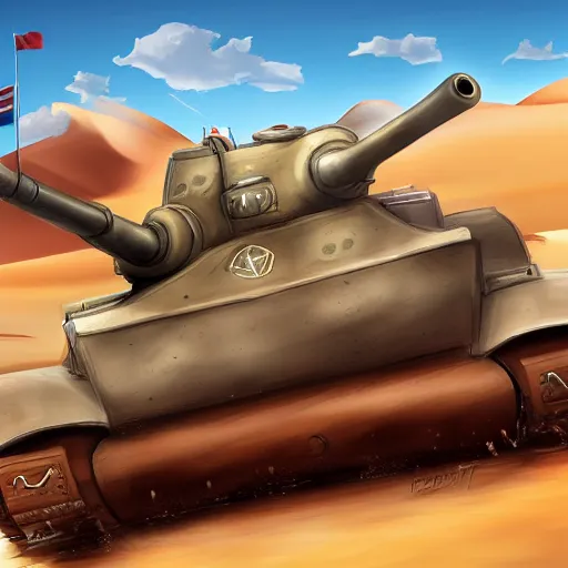 Prompt: An anthropomorphic dog driving a tank in a desert, ultra detailed, digital art, 4K