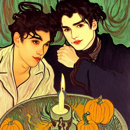 Image similar to painting of young cute handsome beautiful dark medium wavy hair man in his 2 0 s named shadow taehyung and cute handsome beautiful min - jun together at the halloween party, bubbling cauldron, candles, smoke, tarot, autumn colors, elegant, stylized, soft facial features, delicate facial features, art by alphonse mucha, vincent van gogh, egon schiele