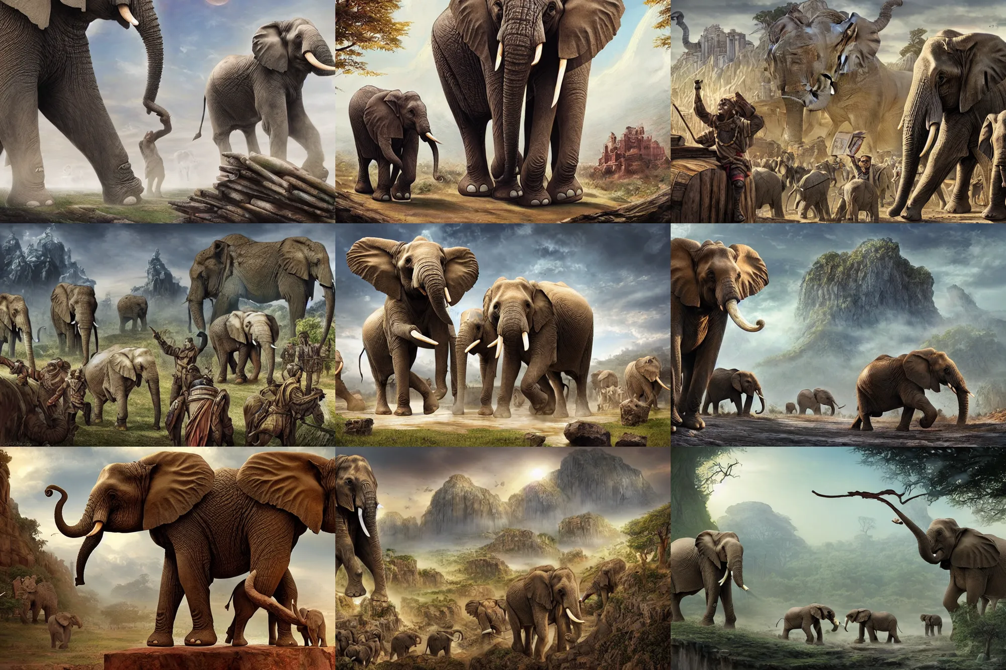 Prompt: civilization! of elephants, cities! or rock and wood made by elephants, epic fantasy sci fi illustration