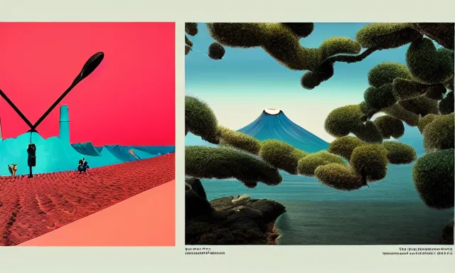 Image similar to Japan travel discoveries and sights explorer photographer, touring, natural beauty, gourmet and crafts, a poster design for a contemporary graphic design exhibition, by Wes Anderson, KAWS, open negative space, clean color and neon fluorescent airbrush accents graphic design volumetric octane render