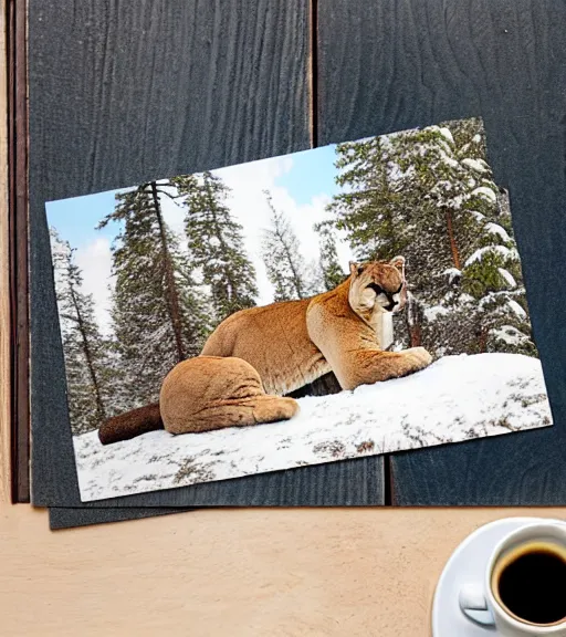 Prompt: torn up postcard showing 'a cougar sleeping in the middle of snowy pine tree' laying on coffee table, zoomed out shot, HD, iphone capture